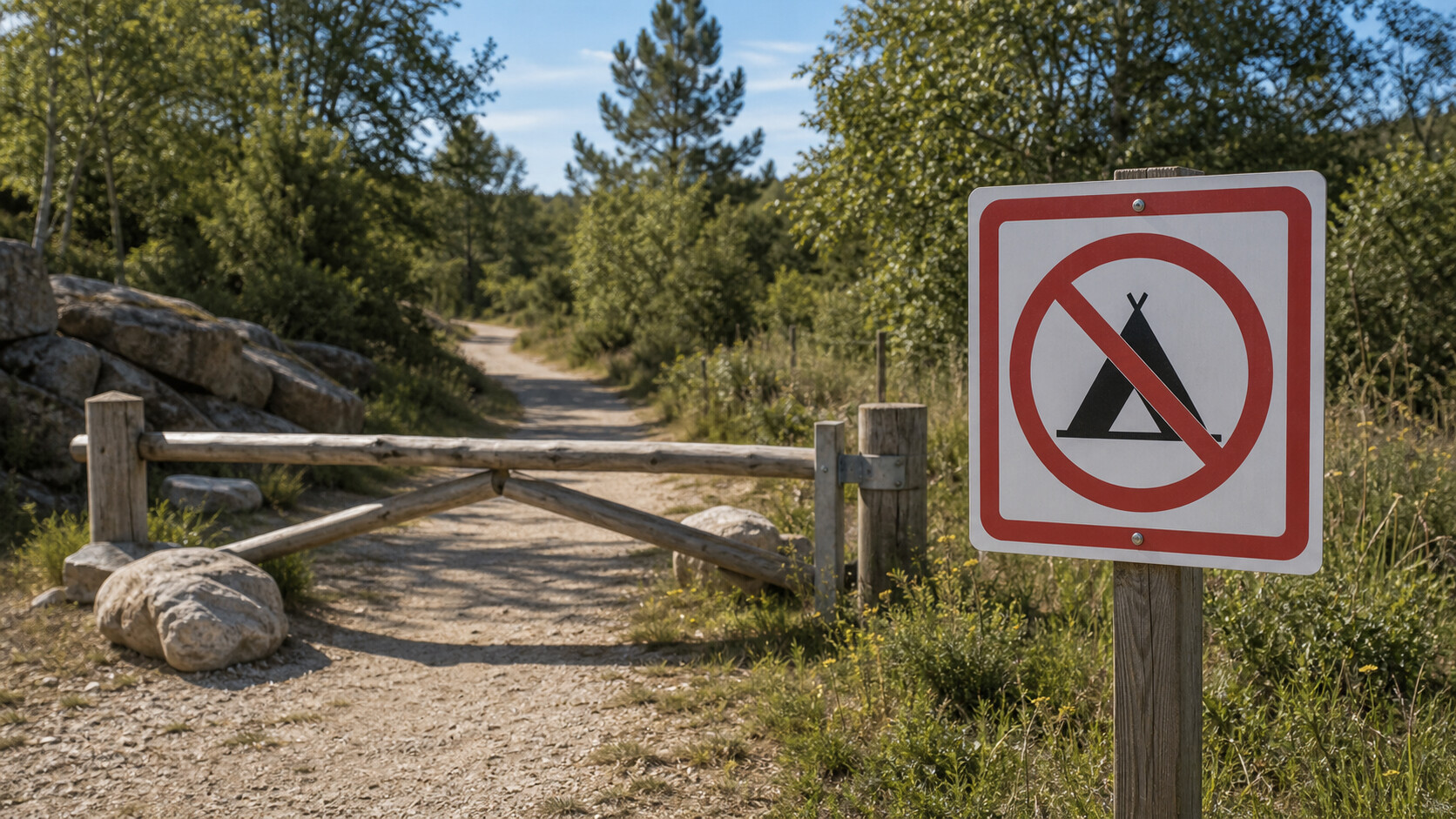Panneau d'interdiction de camper à l'entrée d'un espace naturel