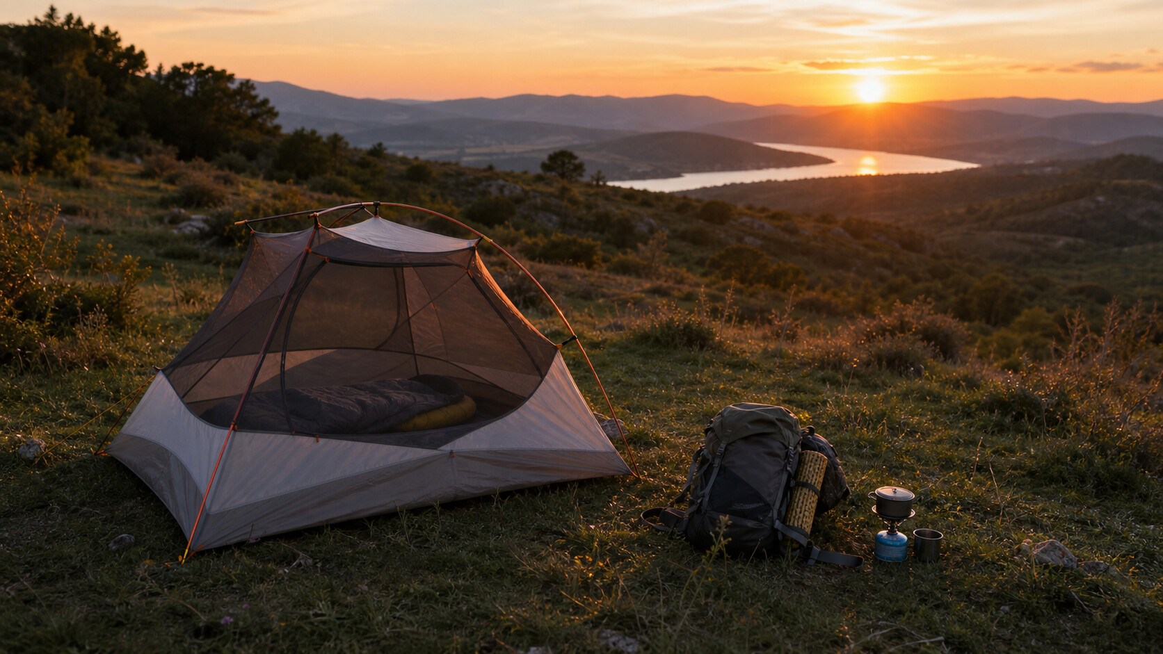 Petite tente de bivouac installée au coucher du soleil dans une zone herbeuse