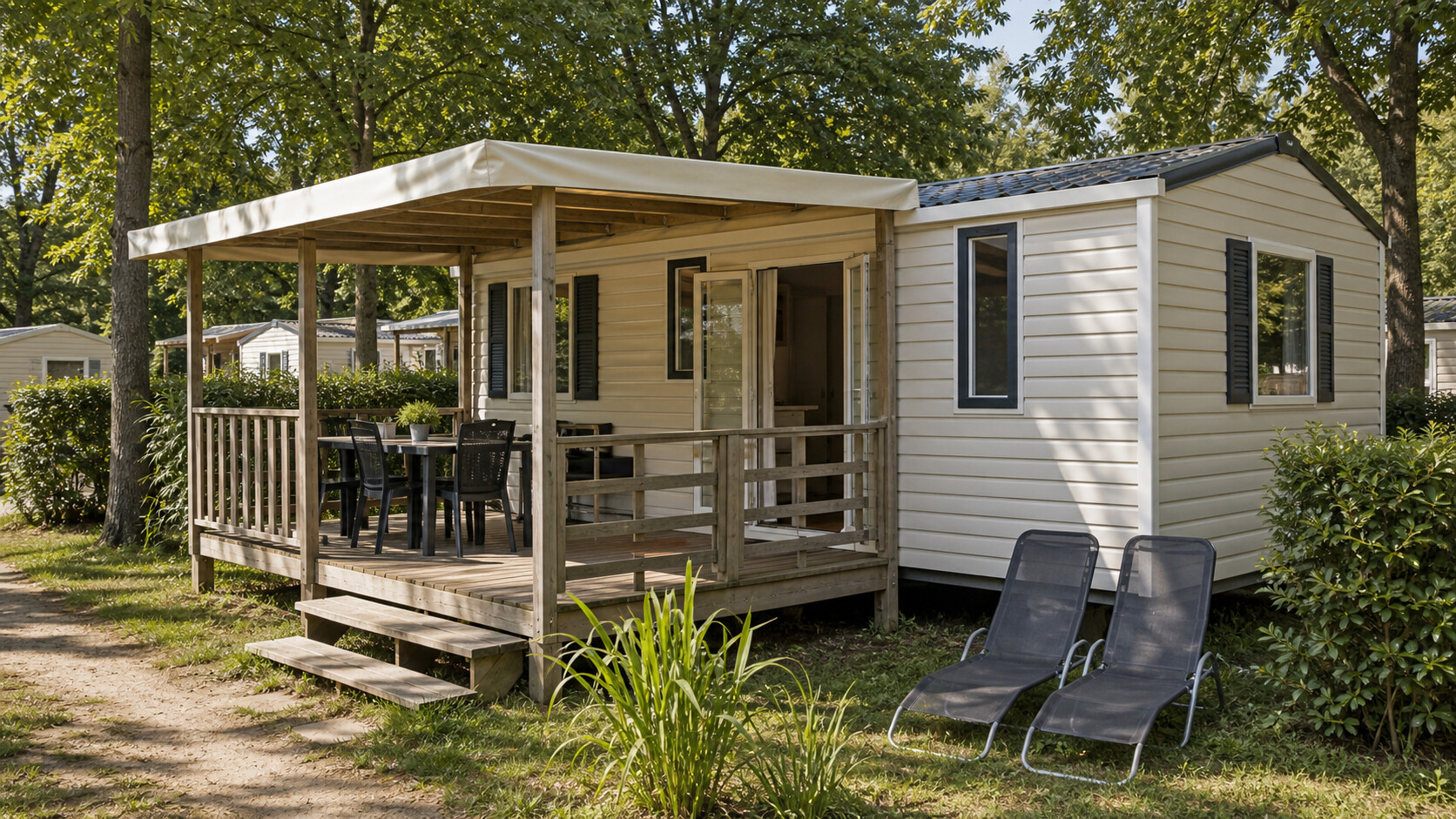 Mobil-home avec terrasse couverte et chaises de jardin
