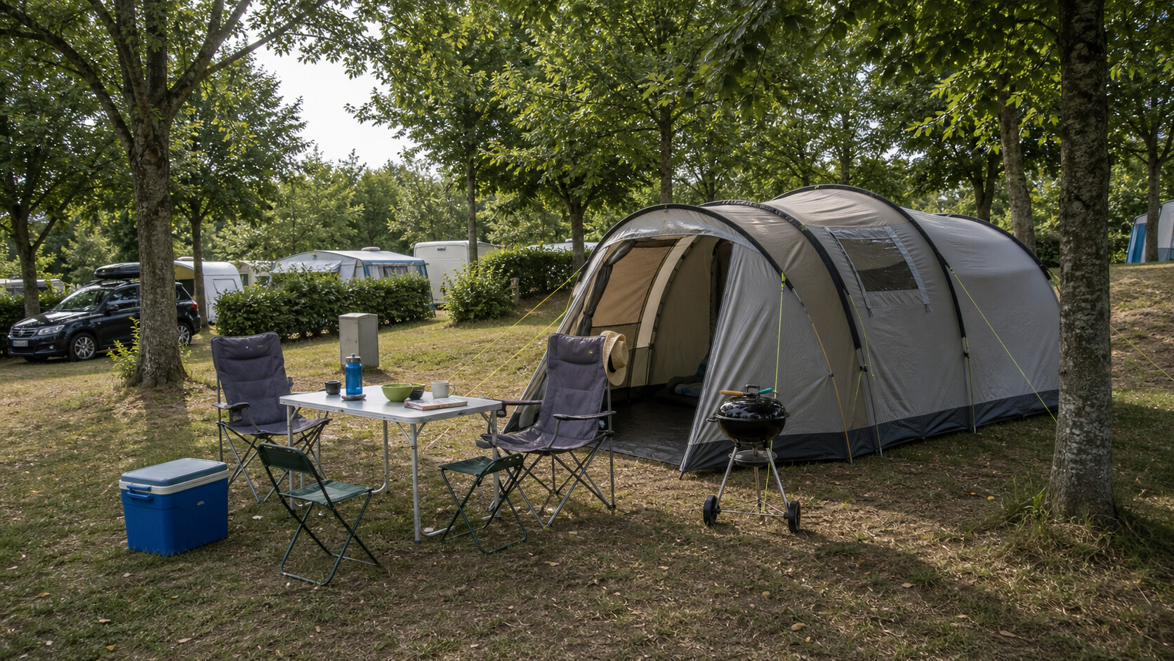 Emplacement nu avec tente montée, table pliante et glacière