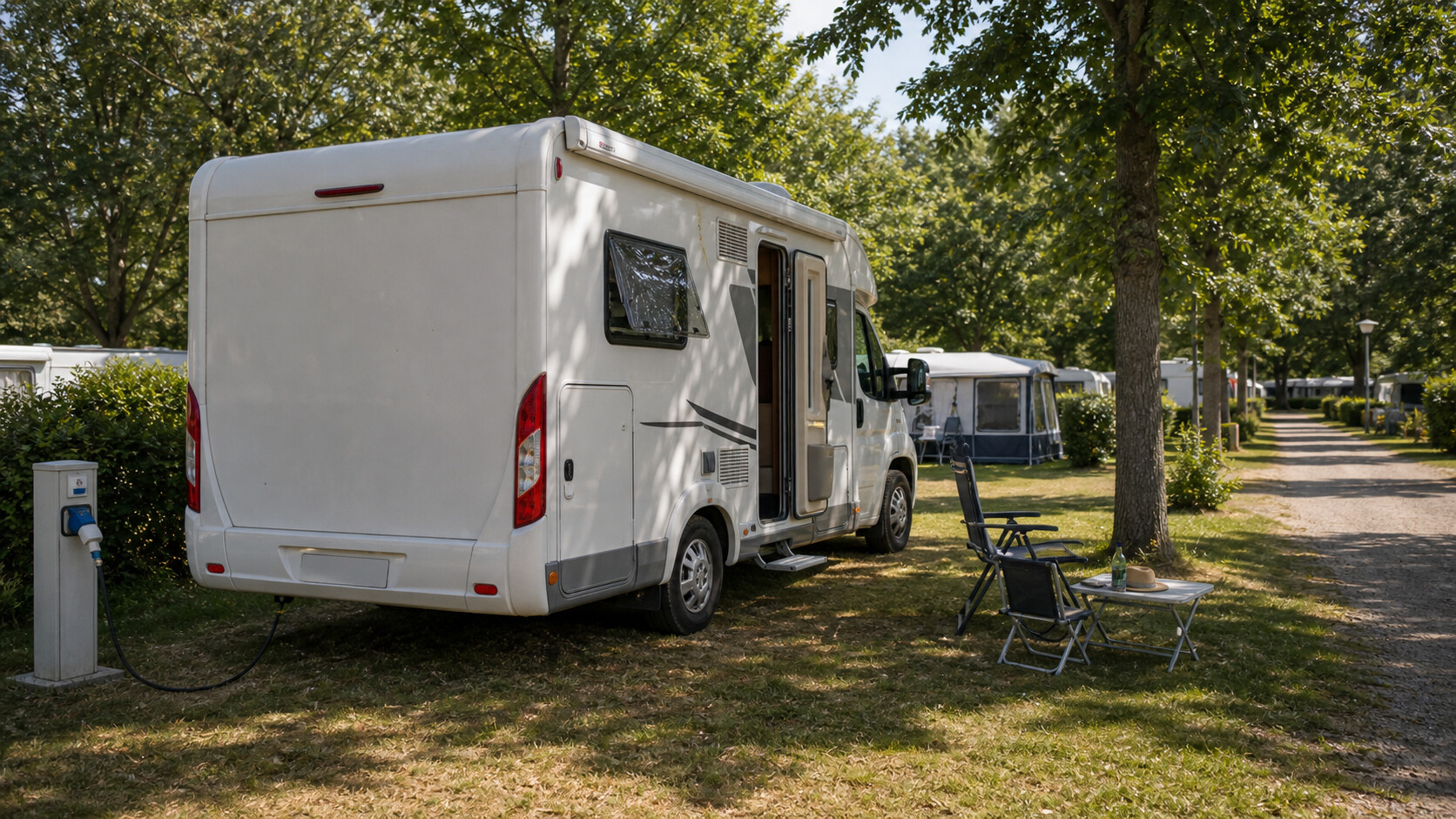 Camping-car stationné sur une aire avec branchement électrique